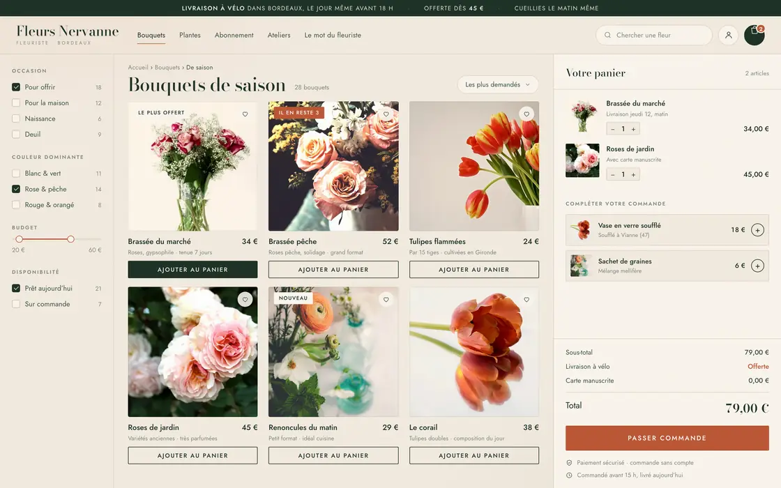 Maquette : la page « Bouquets de saison » d’un fleuriste, six bouquets avec leur prix et le panier à droite.