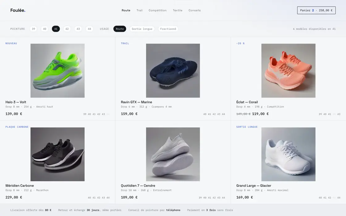 Maquette : le catalogue d’une boutique de running, six modèles sur fond clair avec filtres par pointure et fiches techniques.