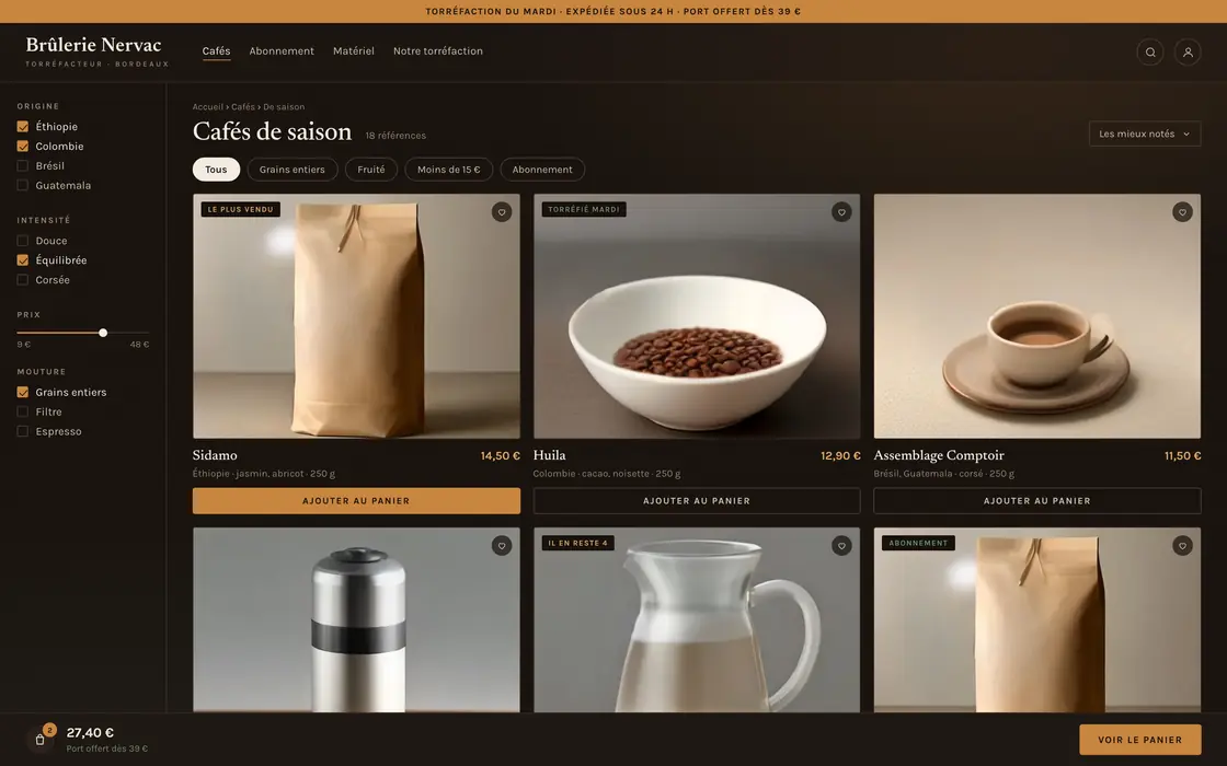 Maquette : le catalogue d’un torréfacteur, fond brun torréfié, six cafés avec leur origine, leur prix et le panier ouvert.